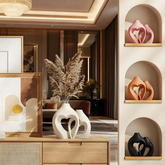 Heart-Shaped Couple Ceramic Vases - Matte Texture, Dried Flower Decoration, Love Gift