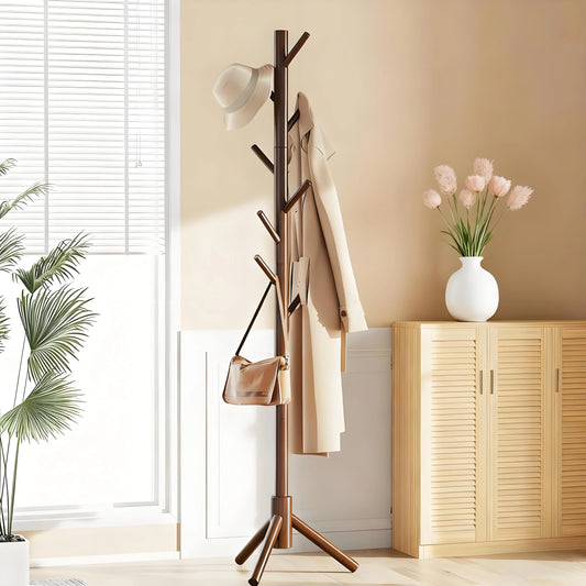 Adjustable Height Solid Wood Coat Rack - 8 Hooks Stable Load-Bearing, Tool-Free Assembly, Multi-Use for Living Room & Entryway