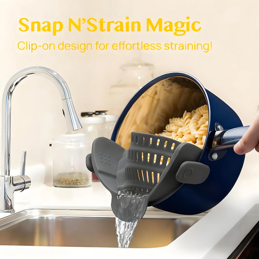 Collapsible Silicone Strainer - Clip-On Hands-Free, Dishwasher Safe